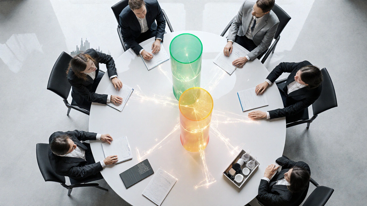 Diverse group collaborates at a roundtable with three glowing pillars symbolizing law, health, and rights.