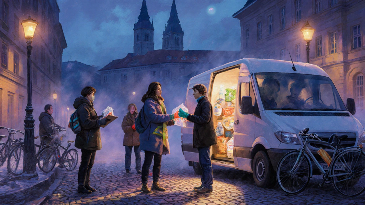 Volunteers provide discreet health kits to sex workers during a calm evening outreach in Munich.