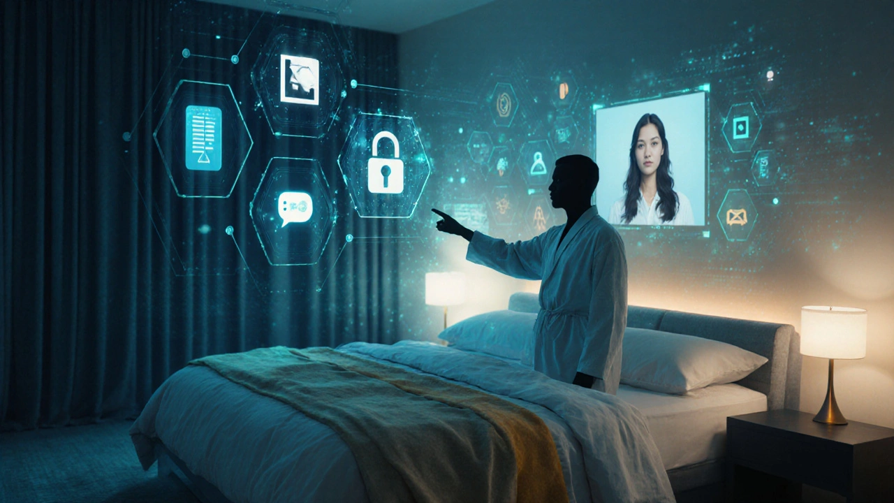 Digital interface with AI matching and live streaming icons glowing in a private Dubai bedroom.