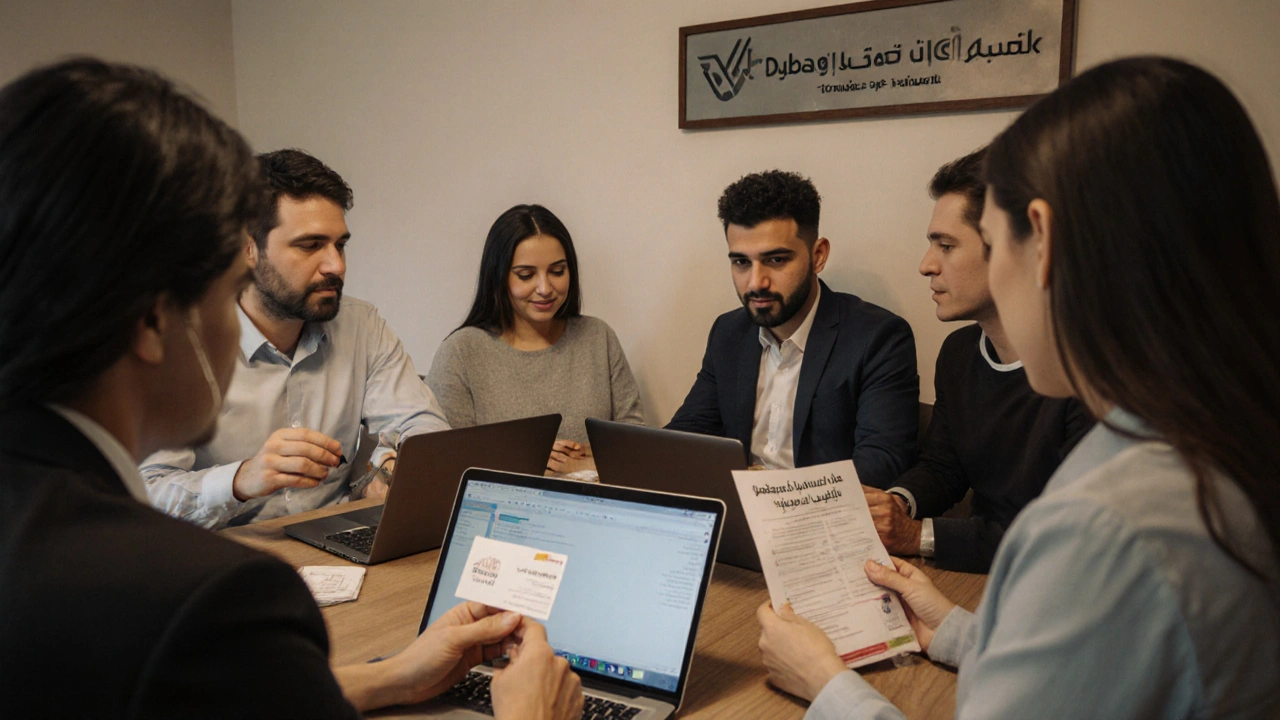 Diverse adult workers in a supportive co-working space in Dubai, sharing resources and advice.