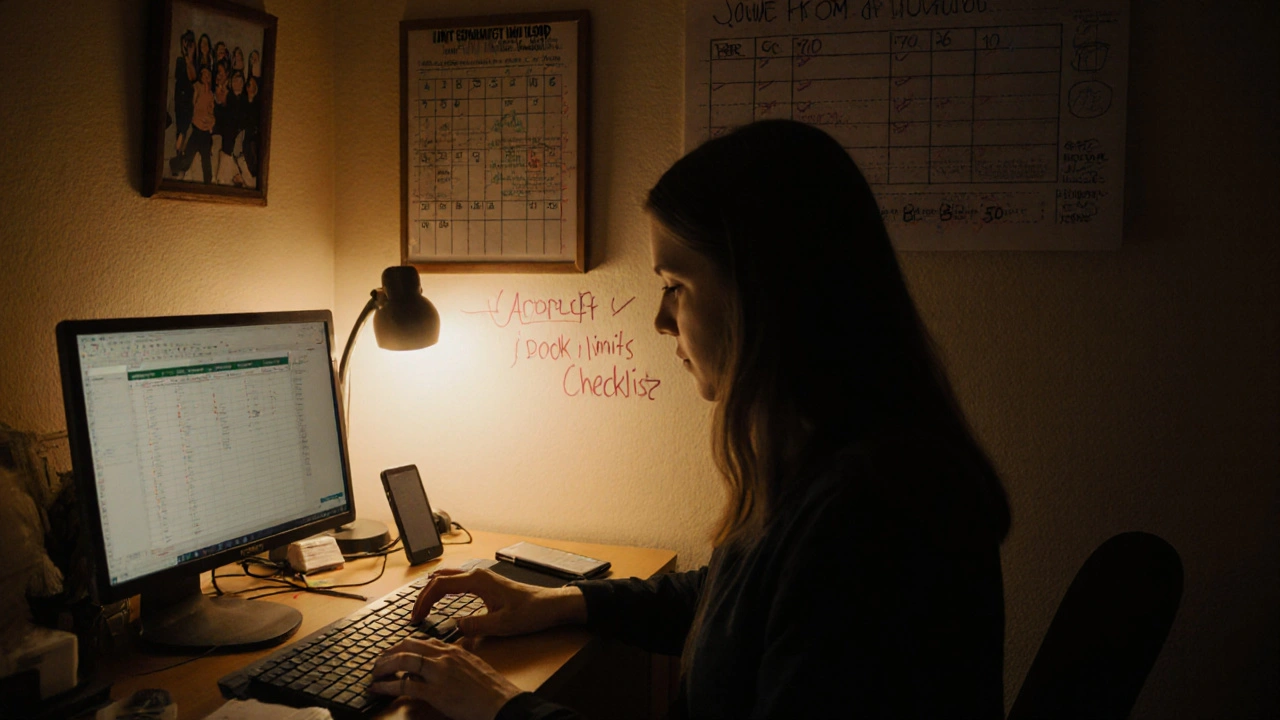 Woman reviewing booking records at desk, hard limits visible on wall, separate work and personal items clearly organized.
