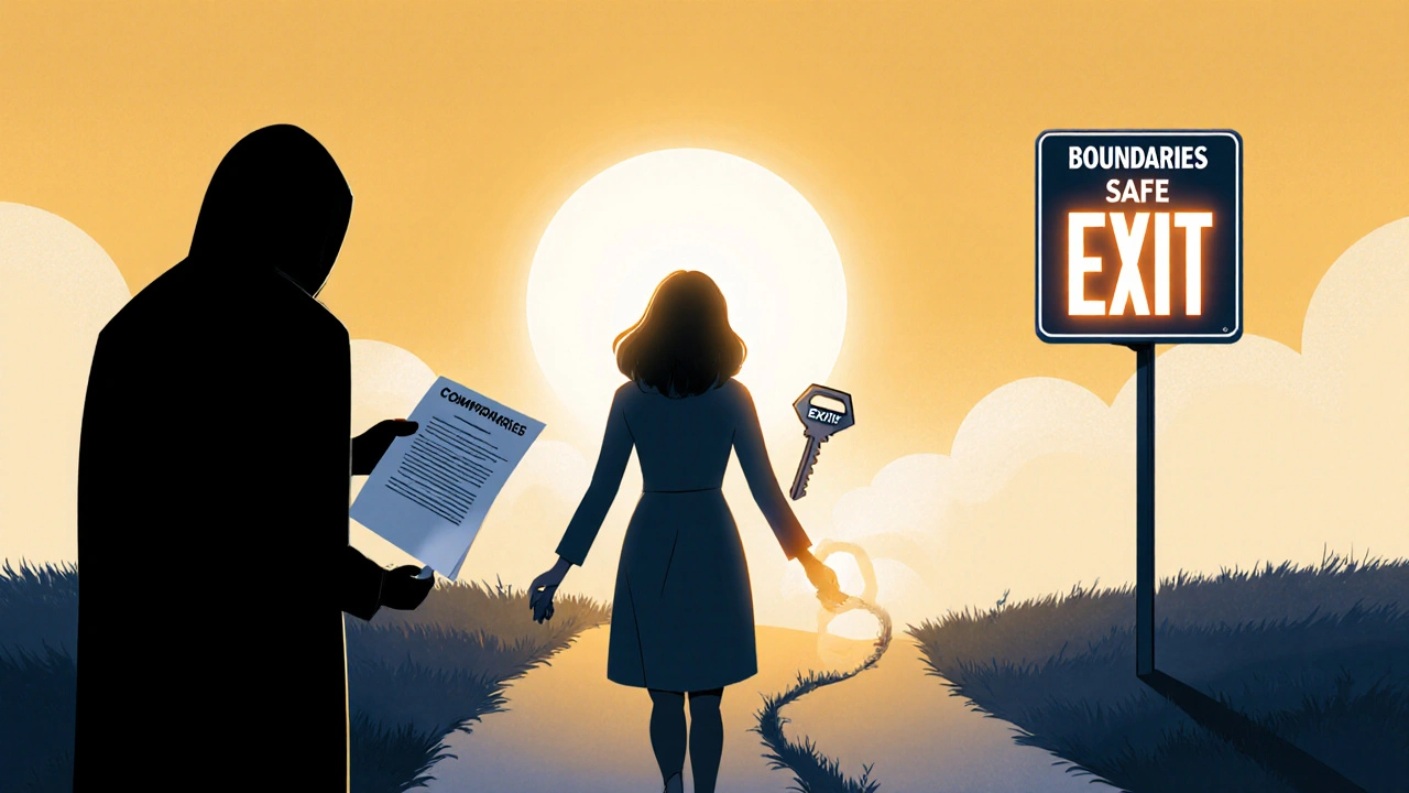 Woman walking away from shadowy figure, holding key labeled &#039;Boundaries&#039;, path leads to exit sign labeled &#039;Safe Exit Strategy&#039;.