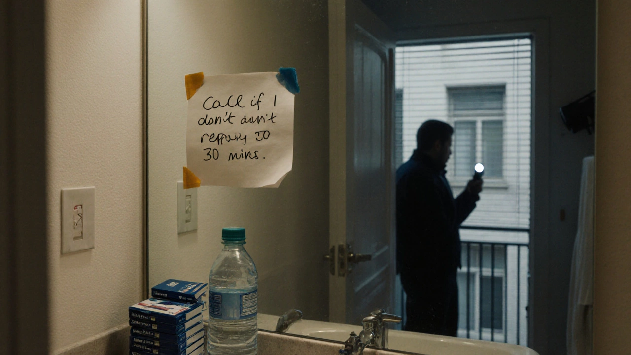 A bathroom mirror in Dubai displays a safety note beside prepaid SIMs and a condom, hinting at hidden survival strategies.