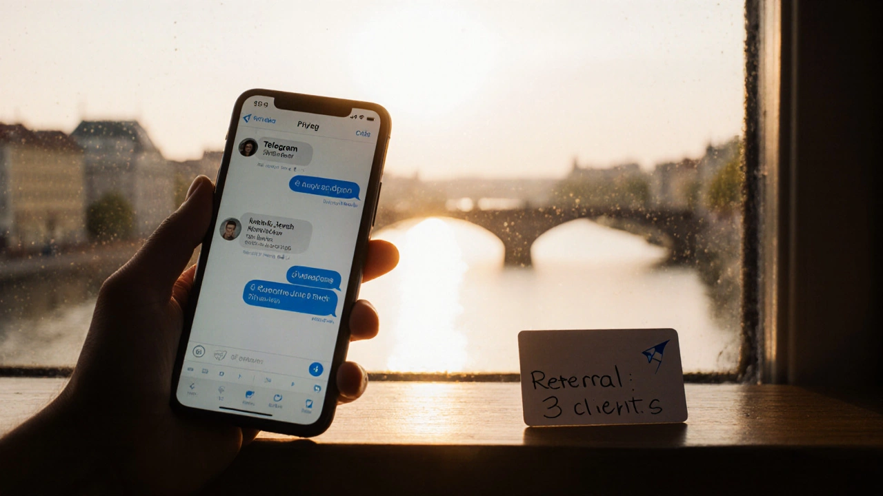 A business card placed on a windowsill overlooking the Isar River, symbolizing trusted referrals in Munich&#039;s adult industry.