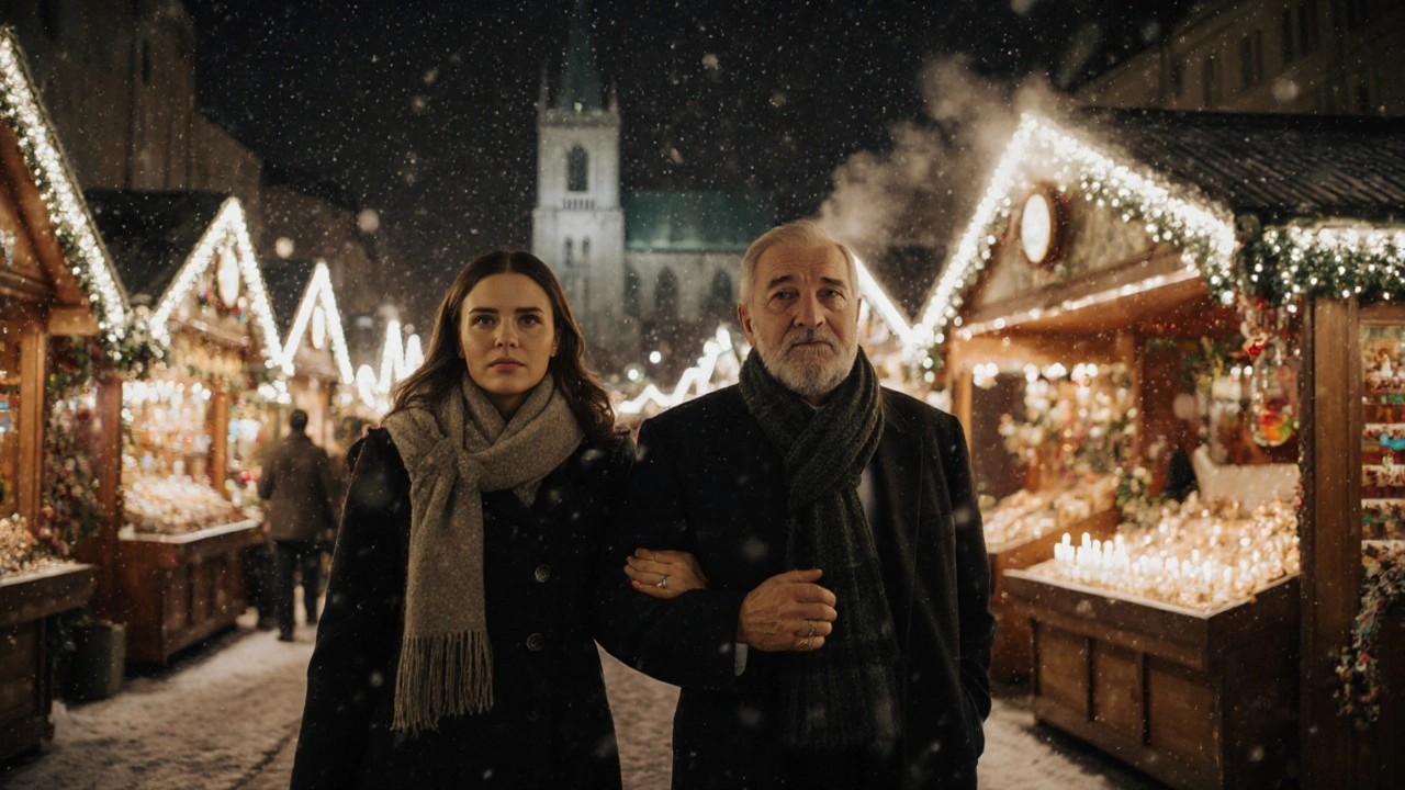 A couple walks quietly through a snowy Christmas market, their figures softened by candlelight and falling snow.
