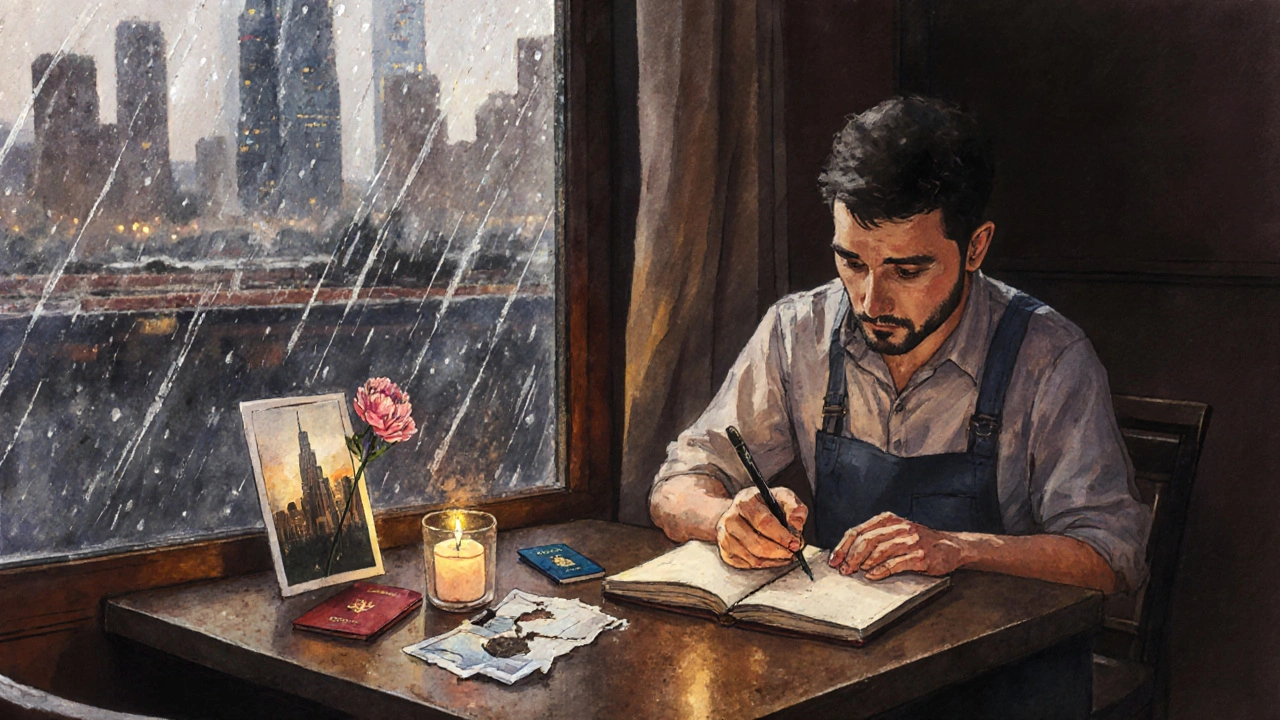 A former worker writes in a notebook at a café, a torn photo of Dubai and a passport on the table.