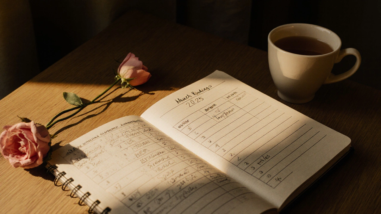 A handwritten booking log on a wooden desk with tea and a rose, capturing client details in a quiet hotel room.