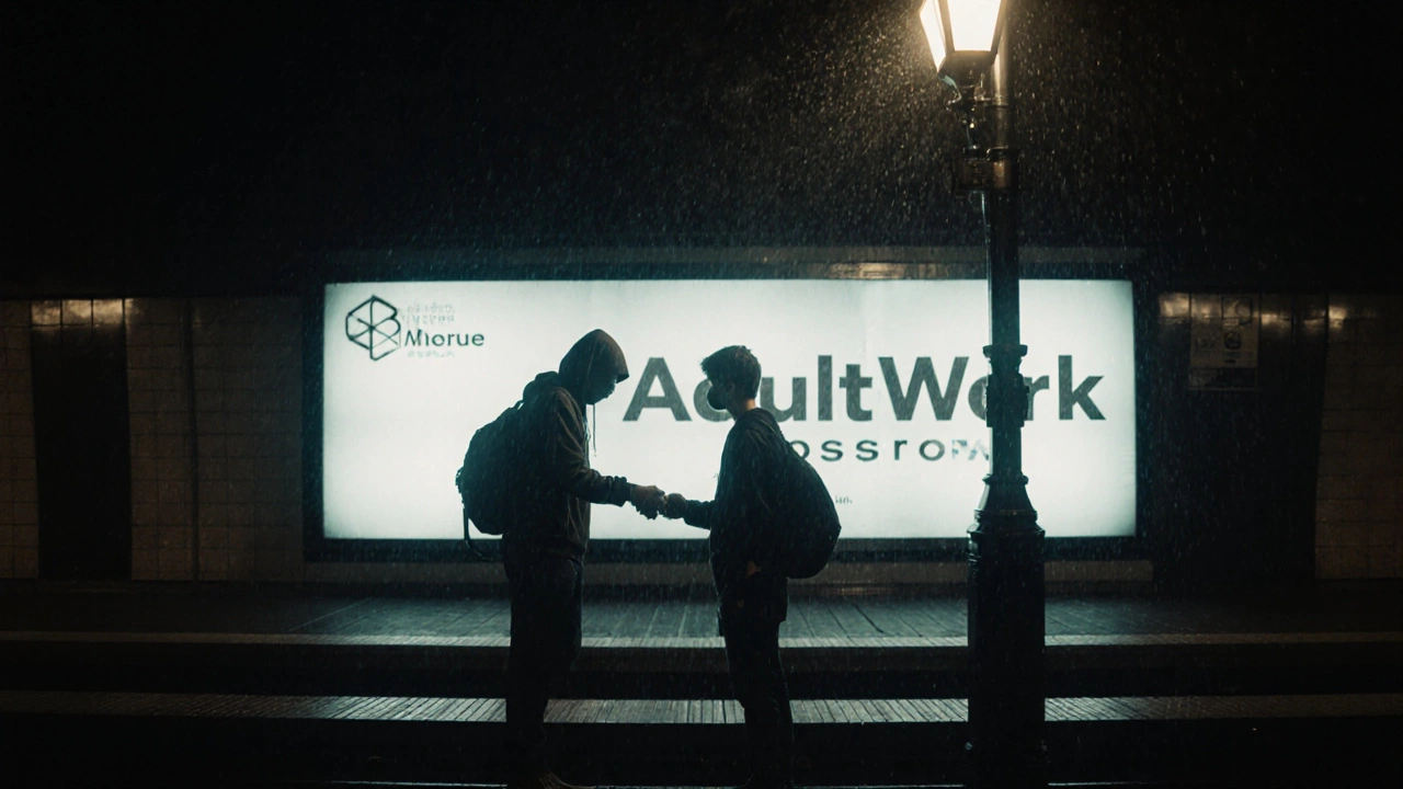 A masked volunteer hands a backpack to someone at a Moscow metro station under a glowing adult industry ad.