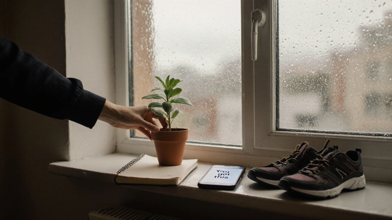A new apartment windowsill with a plant, journal, and shoes, symbolizing a fresh start after leaving escort work.