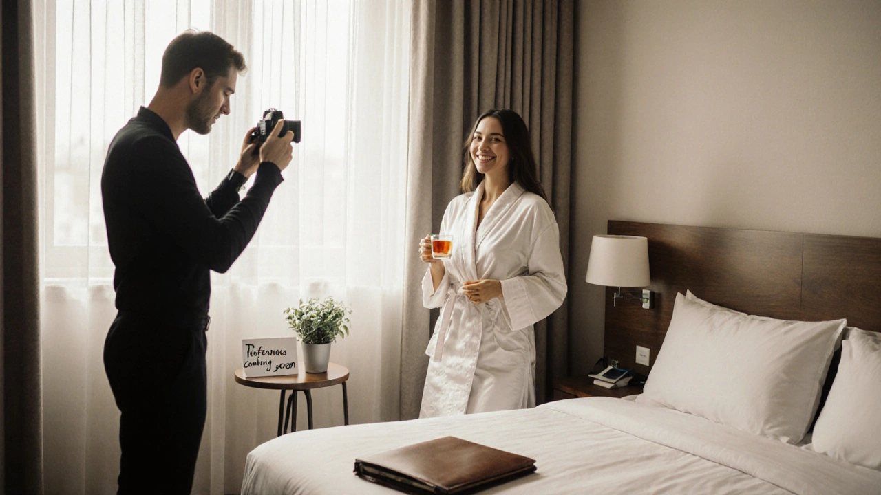 A photographer and escort in a boutique hotel room, natural light illuminating a moment of professional collaboration.