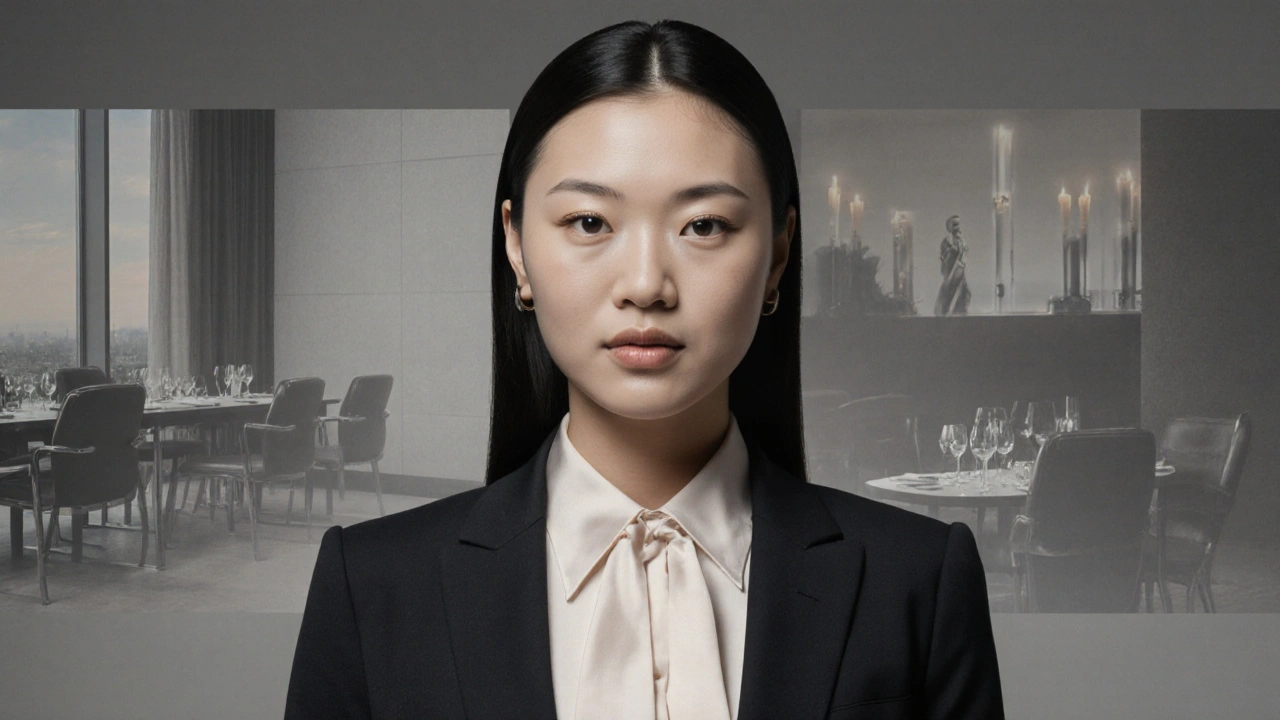 A professional woman in a blazer stands against a neutral backdrop, symbolizing discreet business companionship.