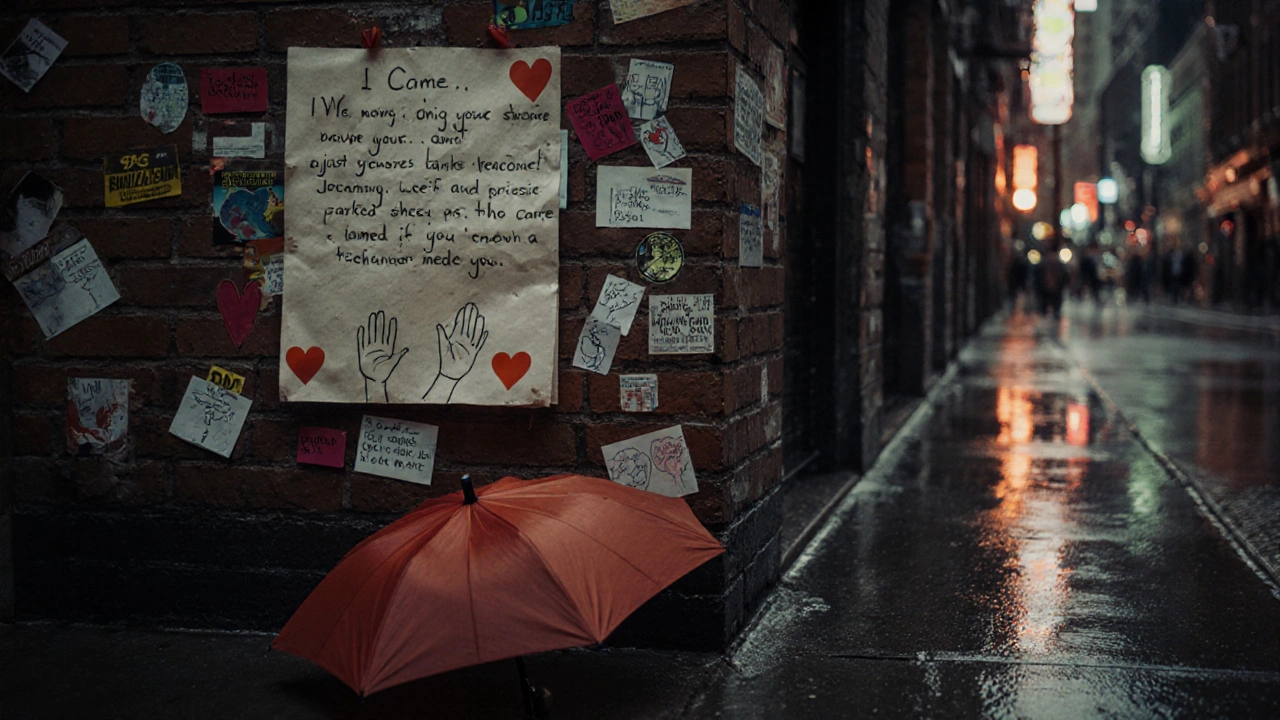 A red umbrella and handwritten note on a brick wall, symbolizing silent solidarity.