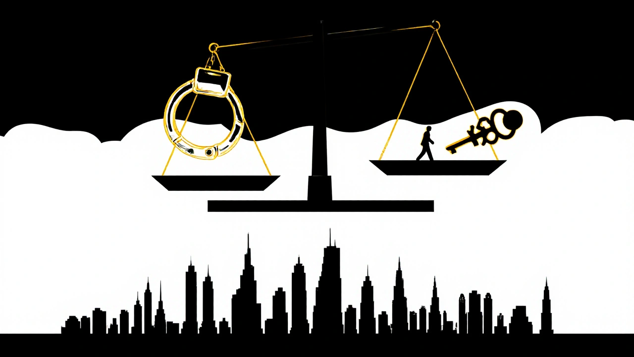 A scale balances a handcuff and a key above Dubai’s skyline, symbolizing punishment versus human rights.