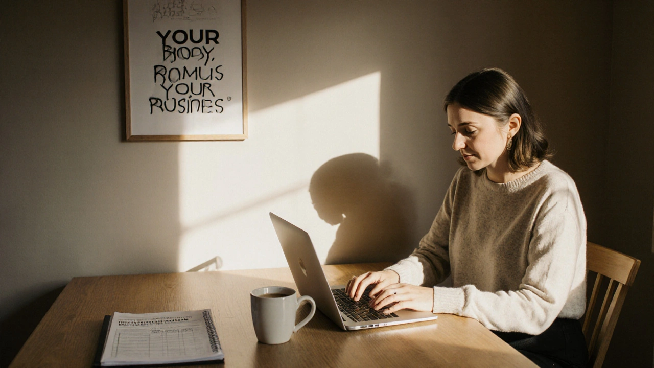 A woman documenting client details at home, with resources for safety and legal support visible.