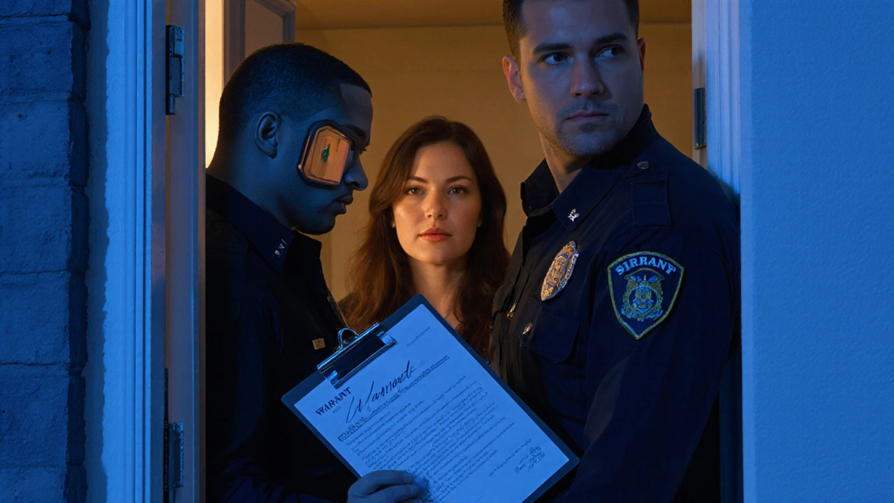 A woman watching a police officer from behind her door, calmly asserting her legal rights.