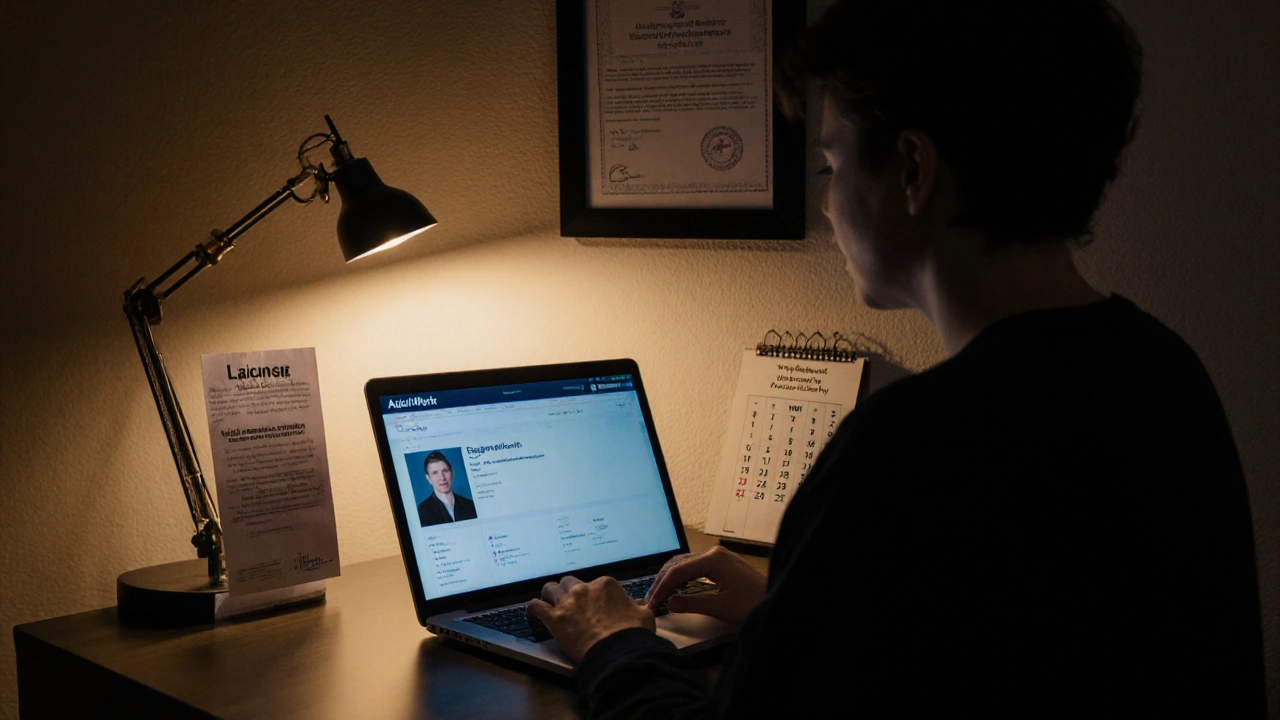 Adult worker in private apartment with legal permit displayed beside laptop showing AdultWork profile.