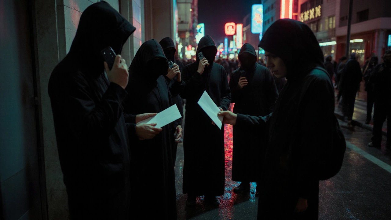 Anonymous figures exchange items in a dark Dubai alley, faces hidden, neon lights reflecting on wet ground.