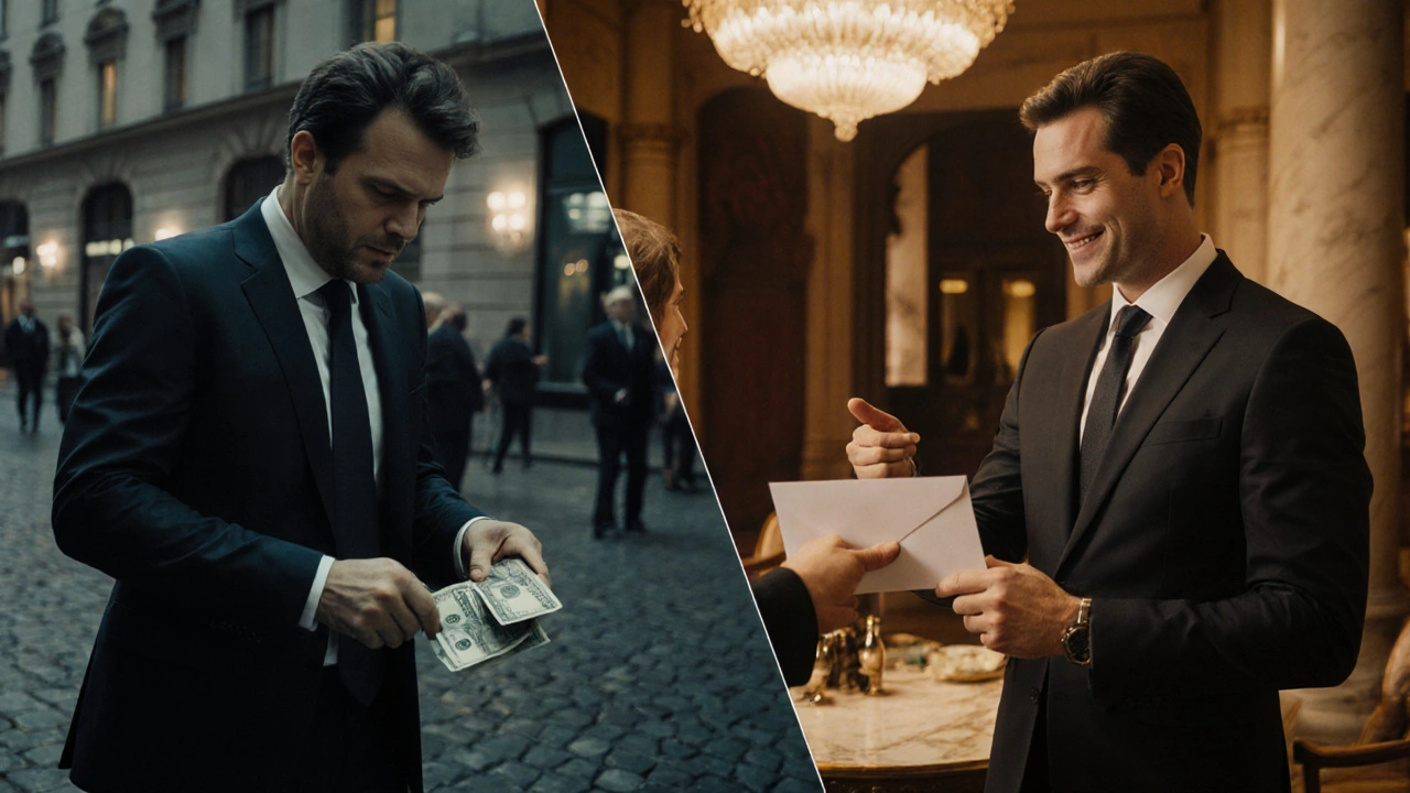 Contrasting scenes: a haggling client in shadows versus a respectful one in a luxury hotel lobby, with Munich architecture in background.