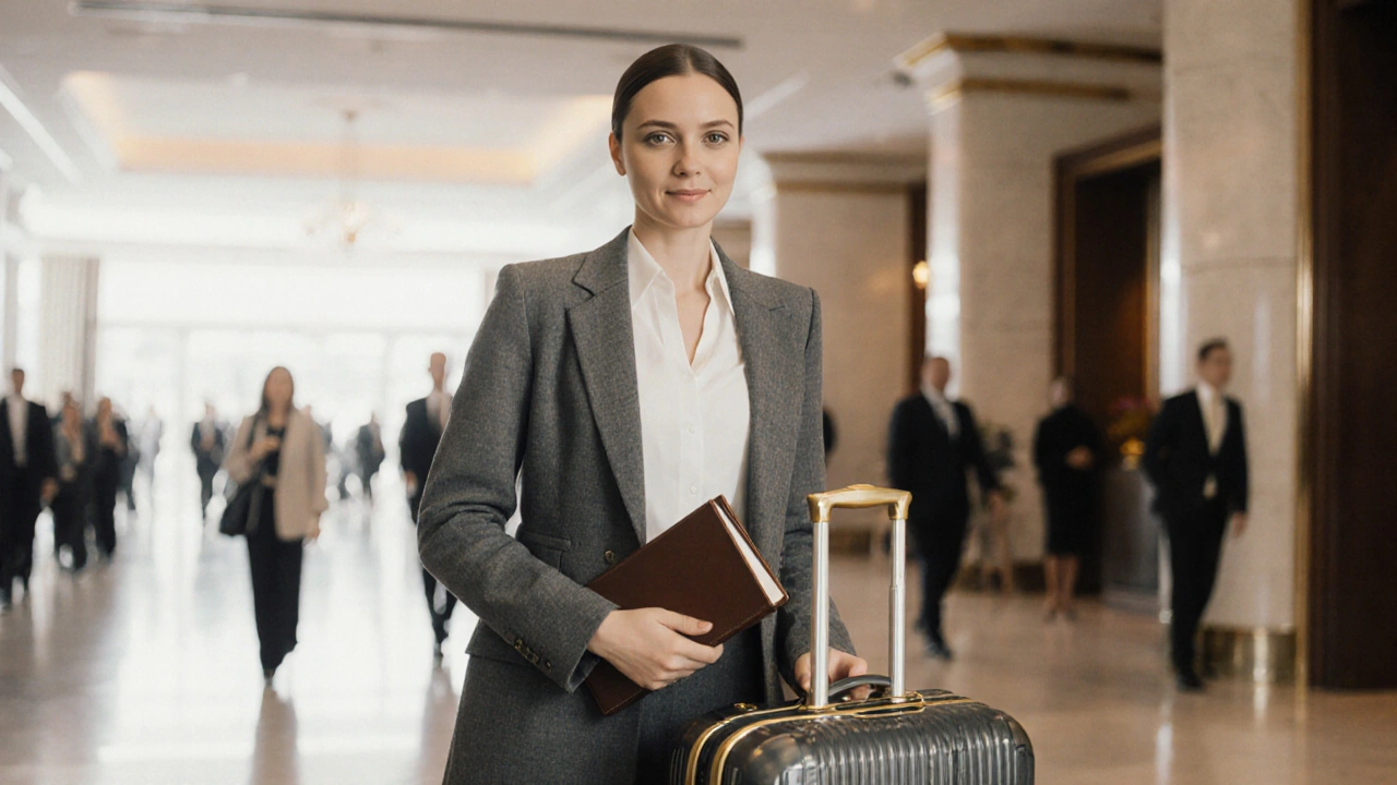 Escort in a luxury hotel lobby with suitcase, dressed elegantly, conveying discretion and professionalism.