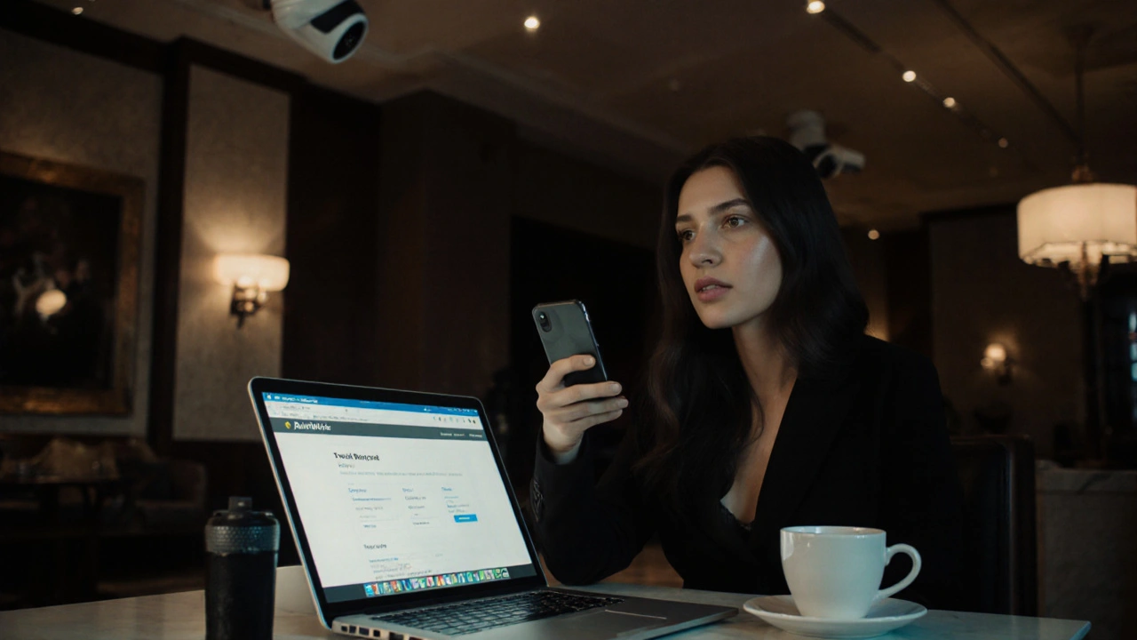 Escort in hotel lobby using laptop and audio recorder while security cameras watch.