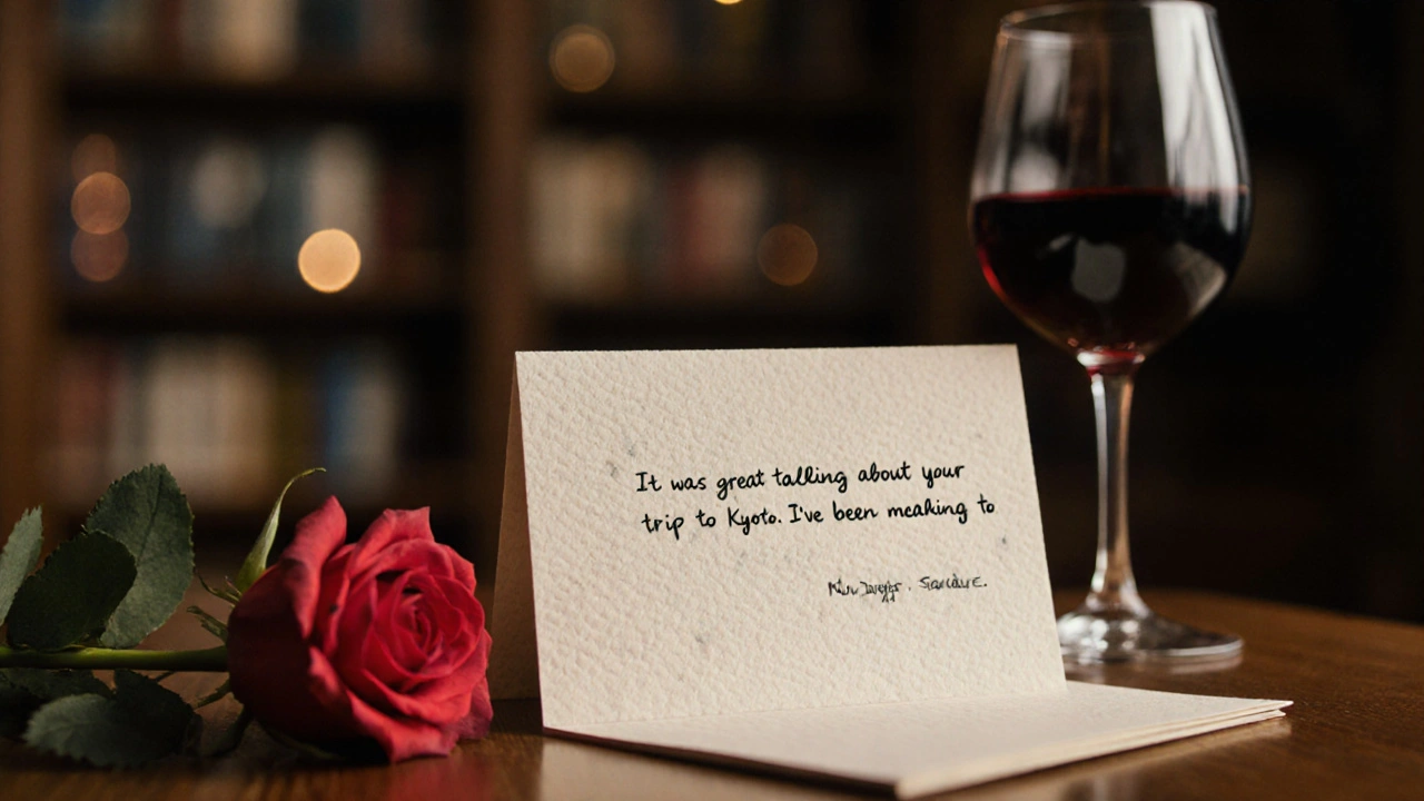 Handwritten thank-you note with rose and wine, intimate and personal touch.