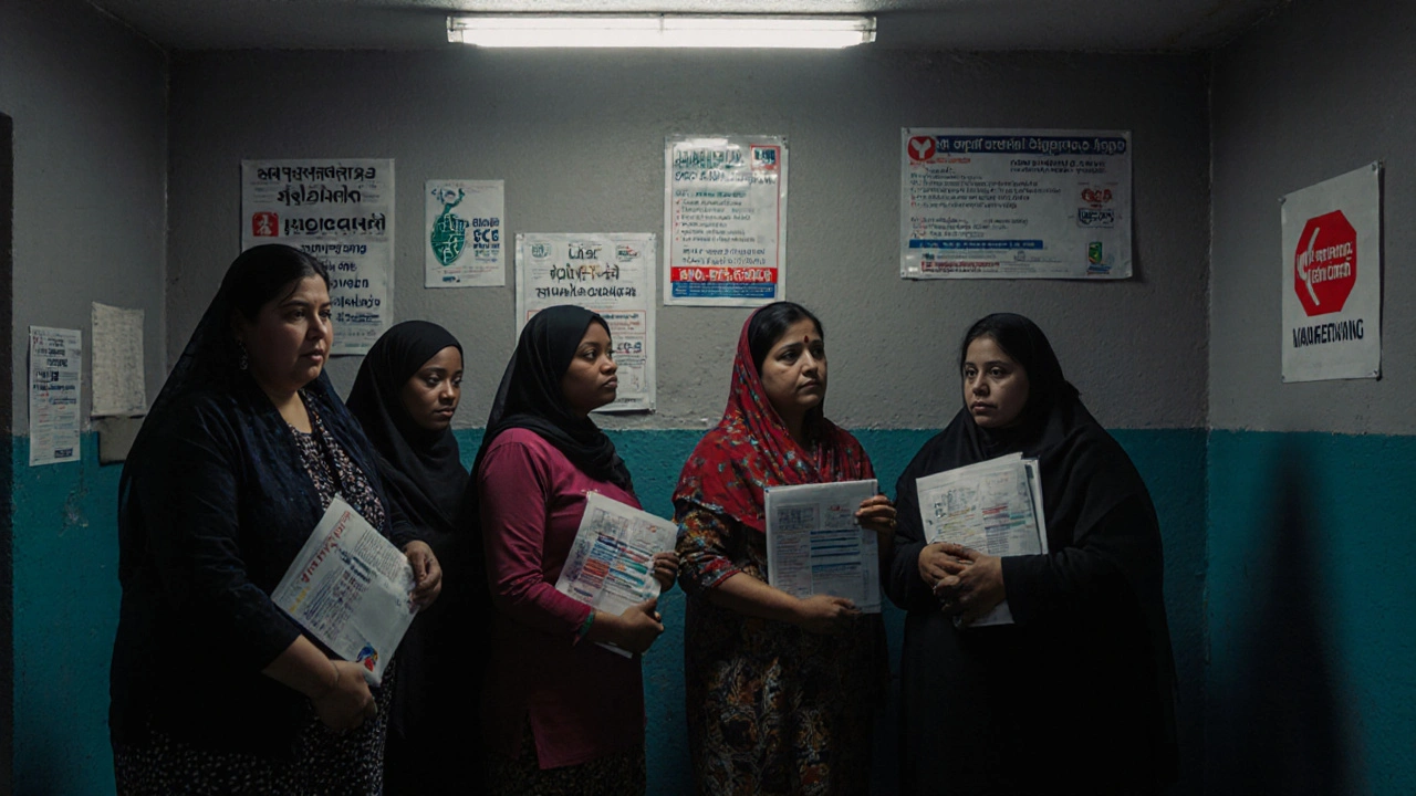 Migrant women in a community center receive health and legal support, faces partially hidden for privacy.