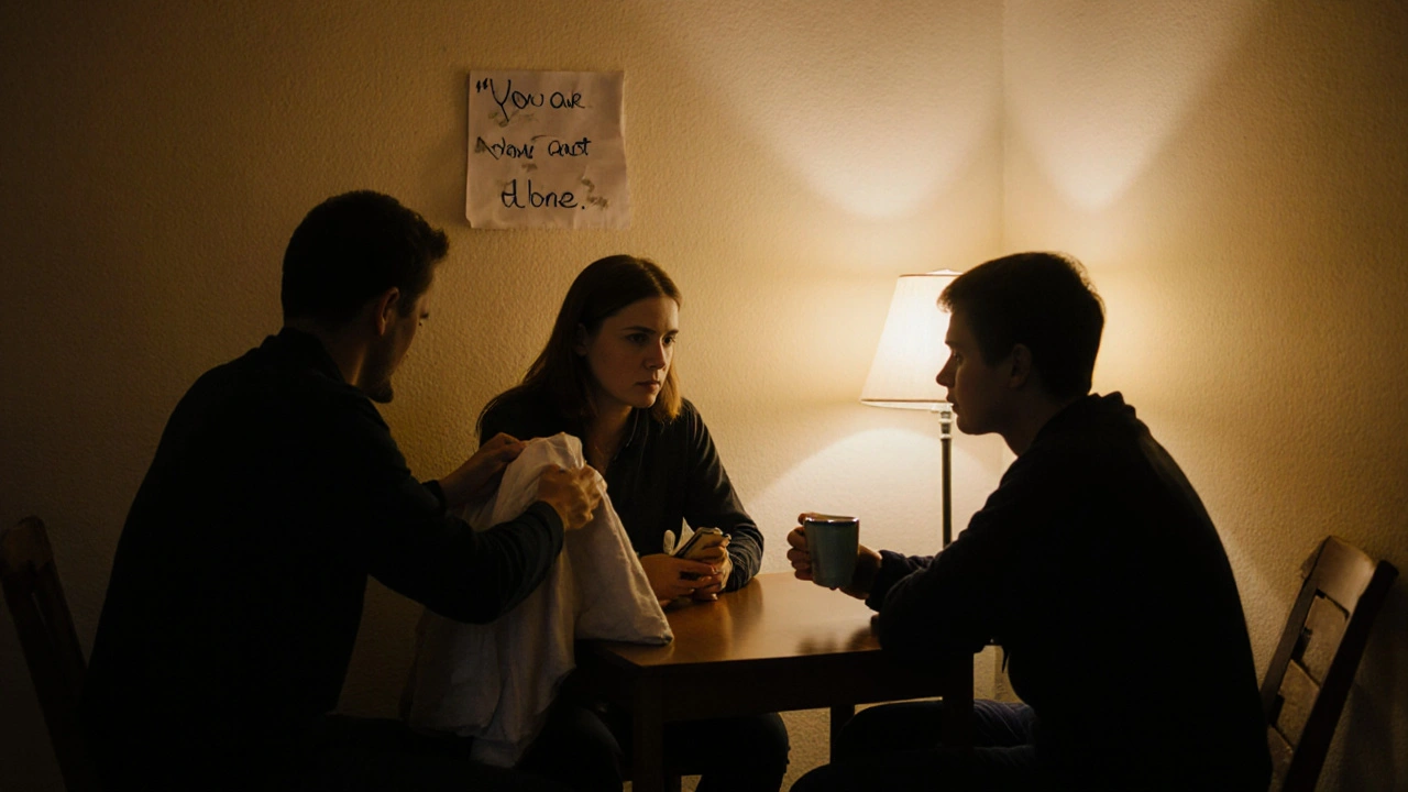 People in a quiet underground safe space receiving food, clothes, and a phone from volunteers.