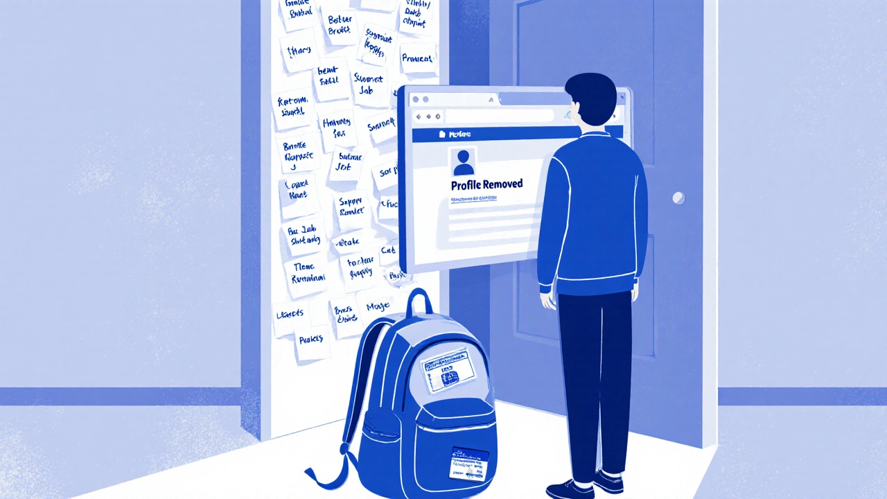 Someone deleting an online profile while surrounded by notes listing new job skills and support contacts.