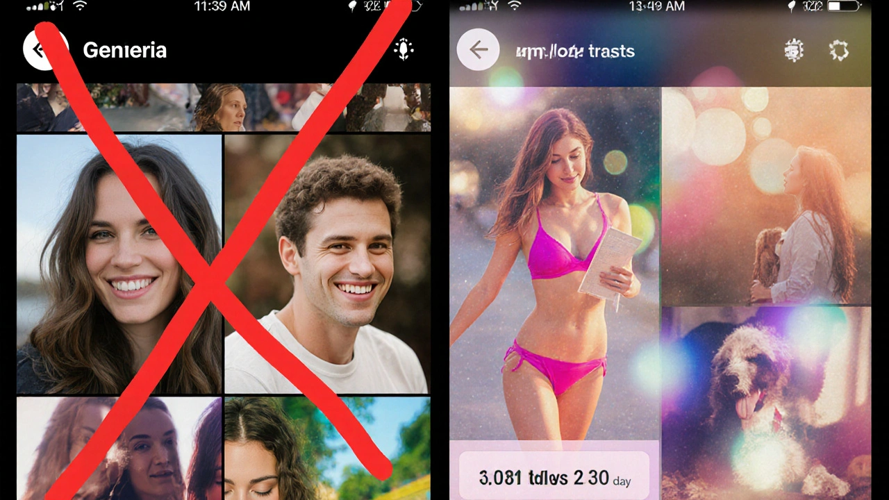 Split image showing outdated stock photos vs. real, updated personal photos.