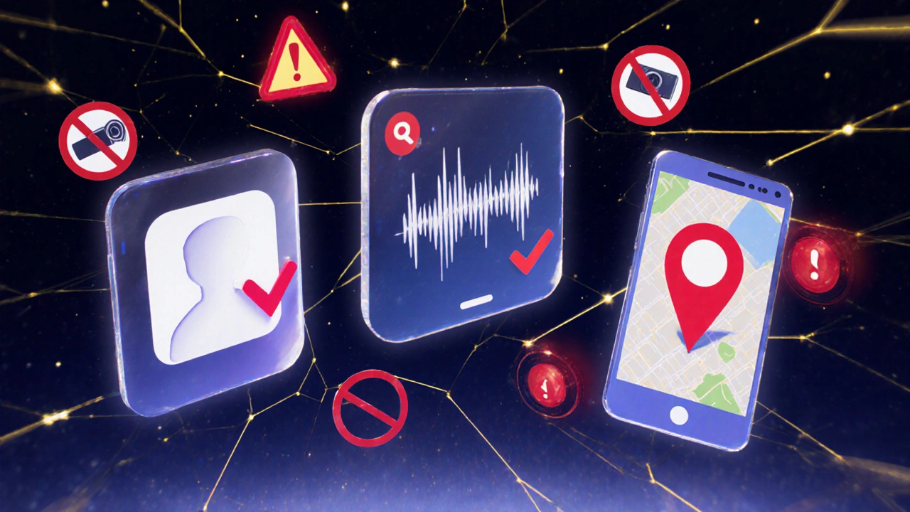 Three digital icons representing safe screening steps with warning symbols fading away.