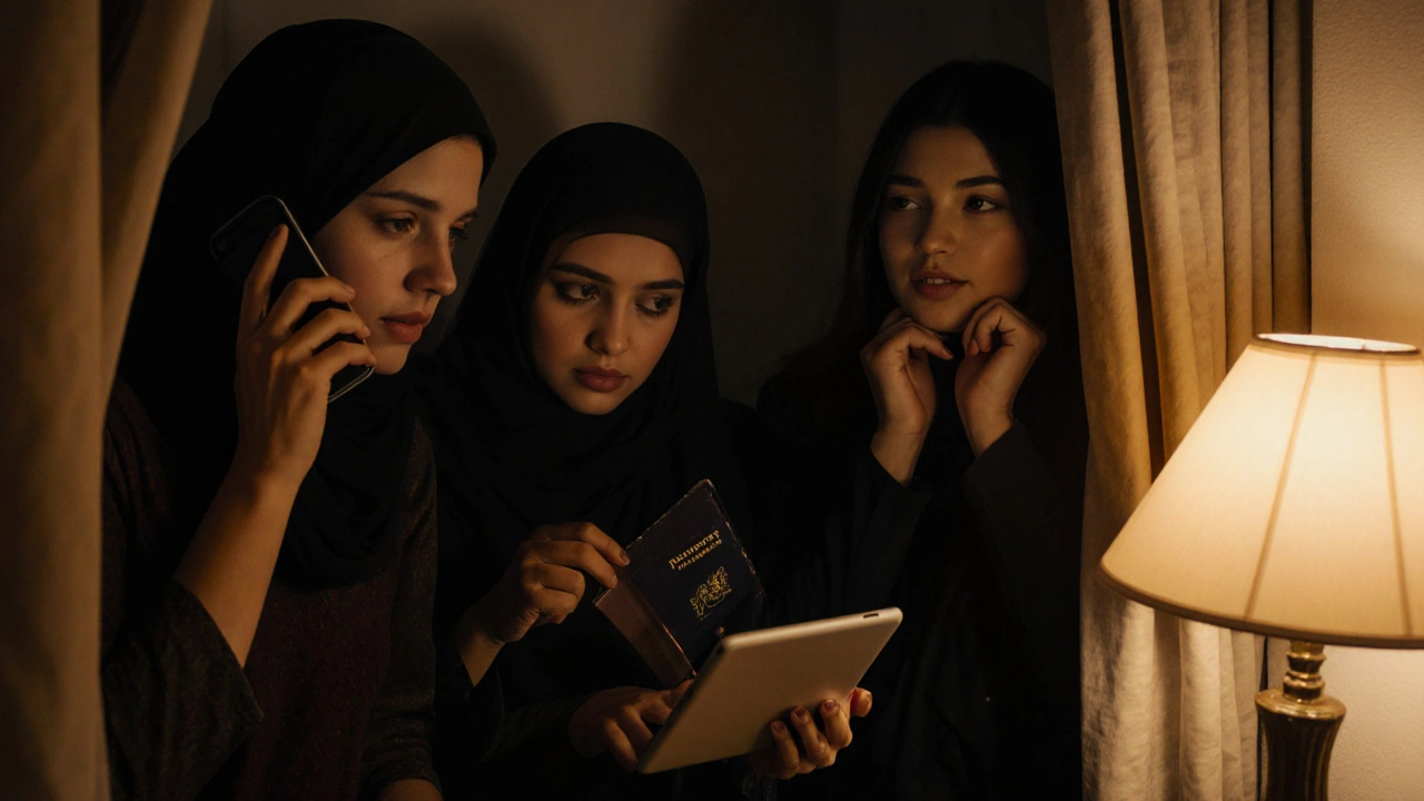 Three migrant women gather in a dim apartment, sharing a phone, expressions tense with worry.