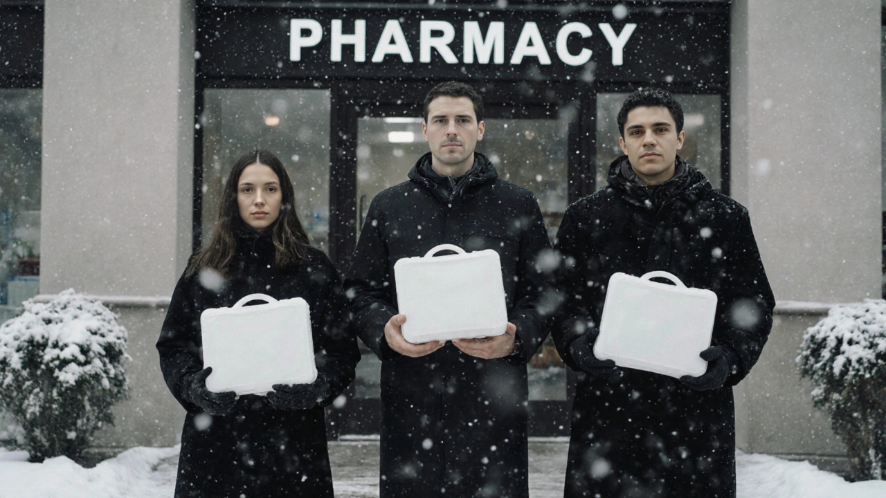 Three people receiving anonymous health kits from a Moscow pharmacy in winter.