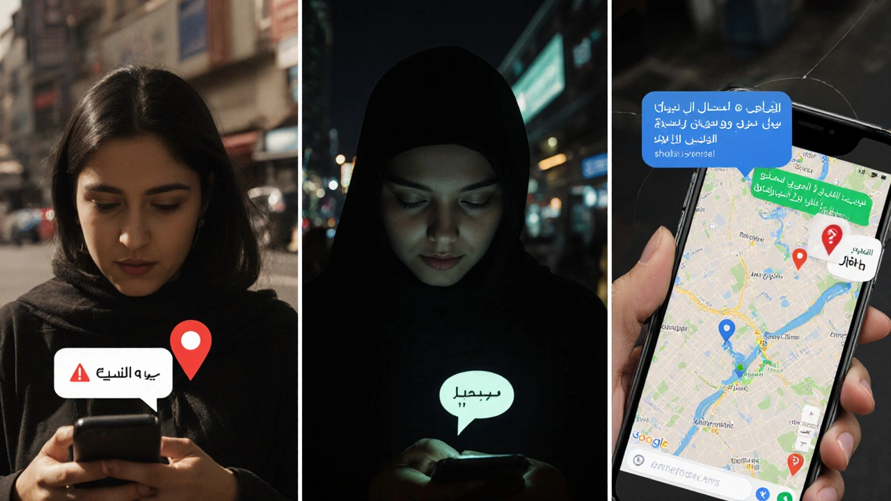 Three women across Dubai use encrypted apps to share client warnings and safe locations through hidden networks.
