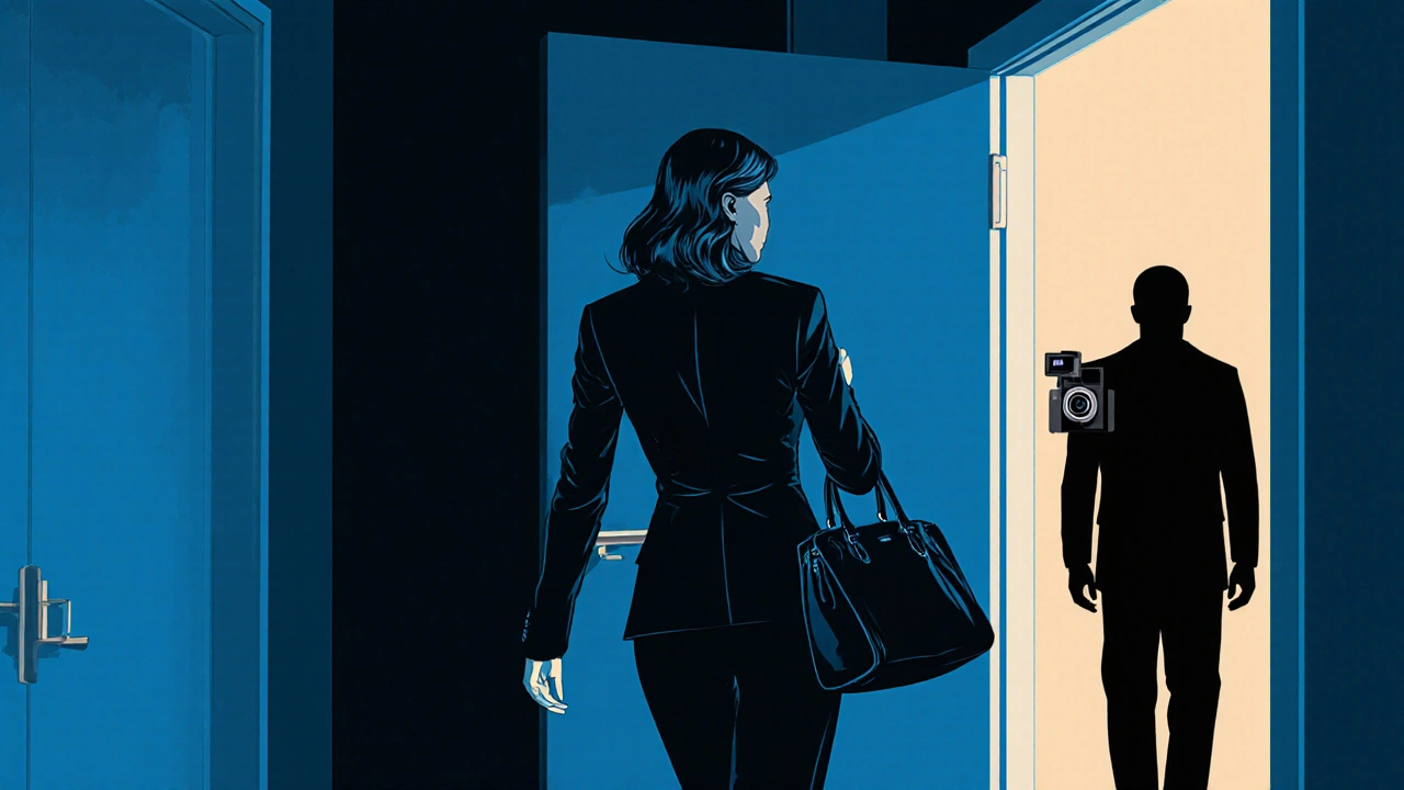 Woman exiting a hotel room as a hidden camera is revealed in the shadowy hallway behind her.