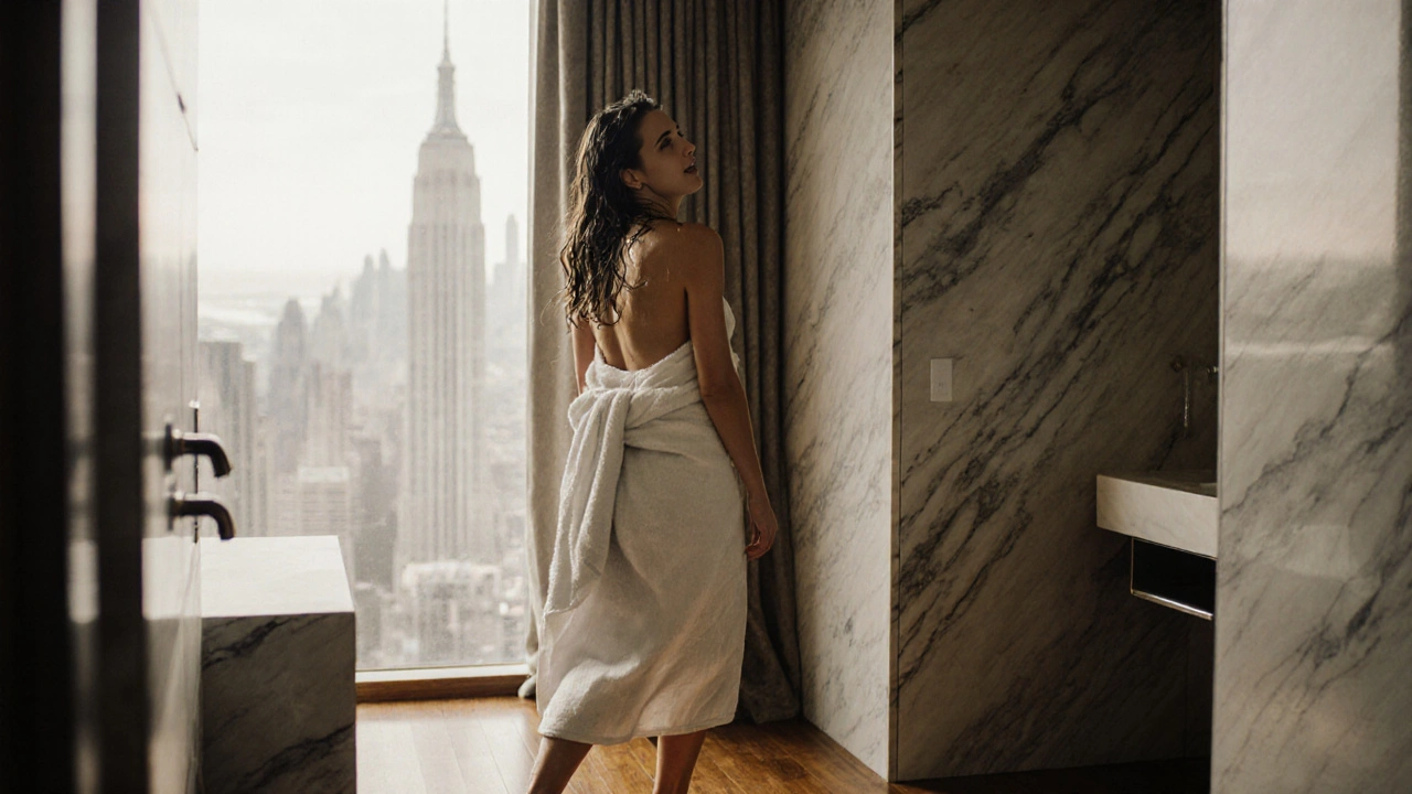 Woman laughing while walking in a towel, damp hair, soft light from a hotel bathroom with city view.