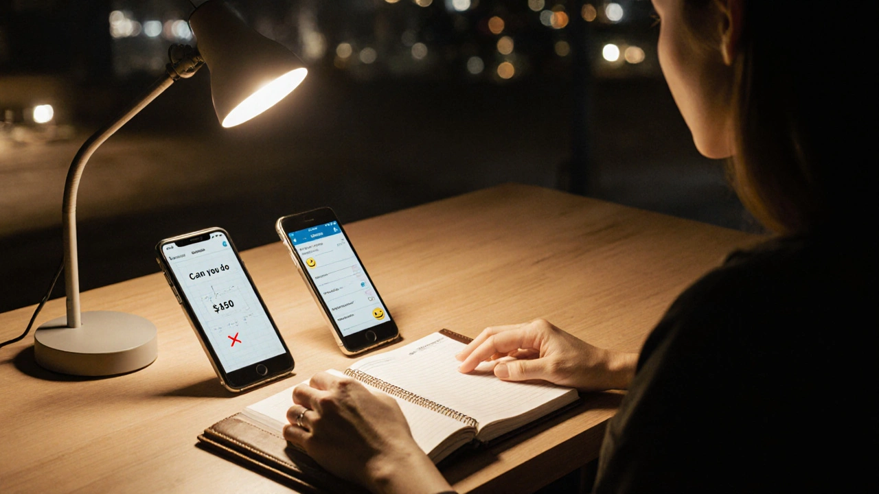 Woman tracking income in journal with rejected discount request and confirmed high-rate booking