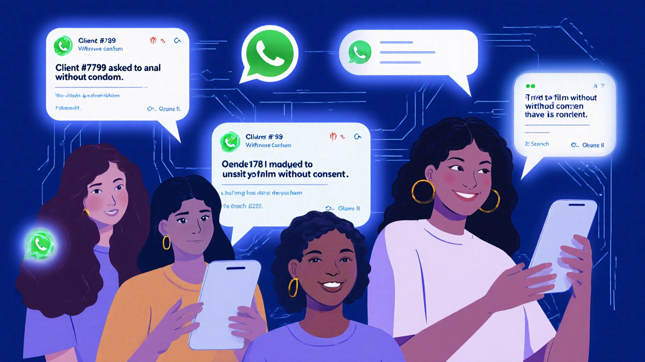 Women sharing client warnings in a private WhatsApp group with anonymous alerts.