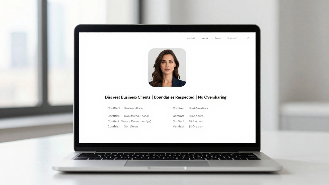 A clean, professional escort profile on a laptop with a portrait, simple bio, and no distractions.