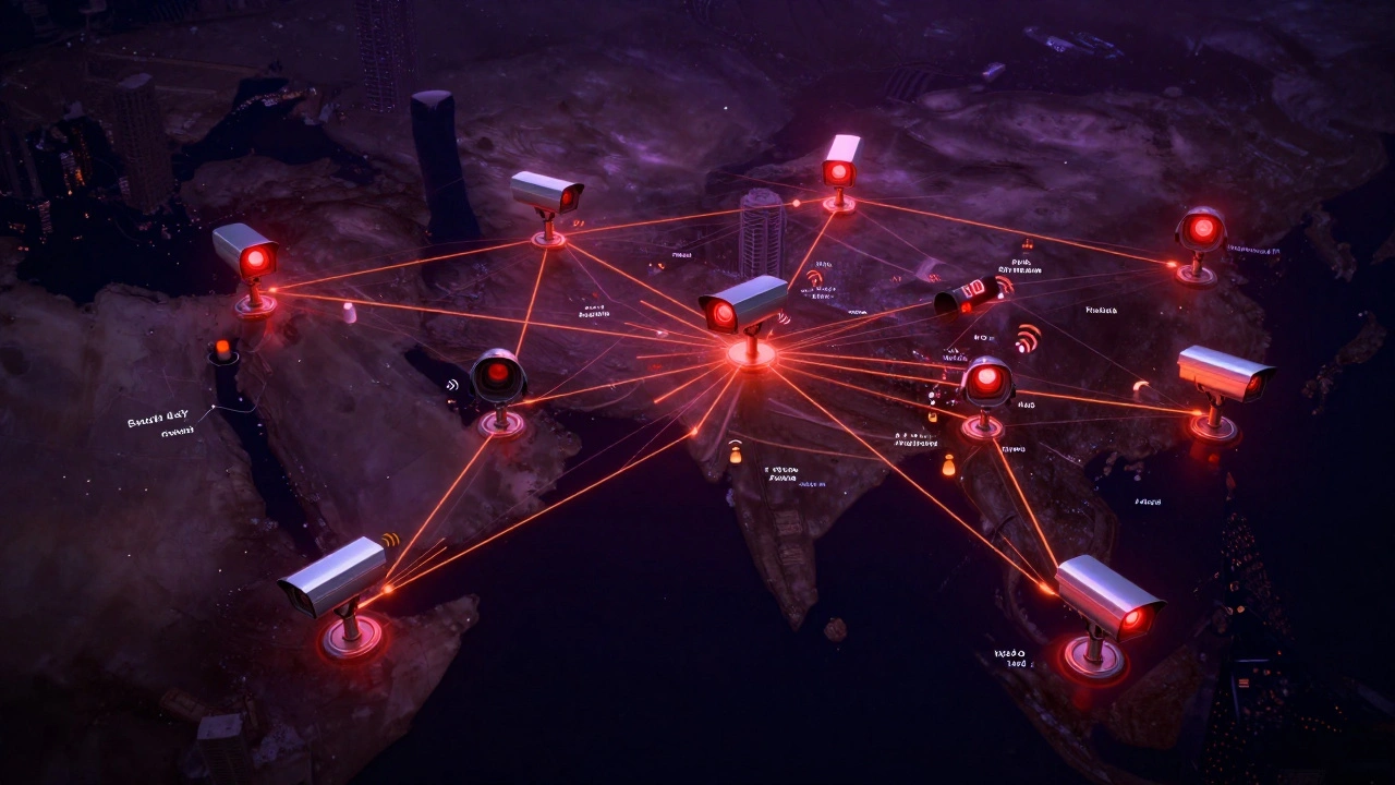 A digital map of the Gulf with surveillance nodes pulsing red, tracing app activity and visa records across cities.