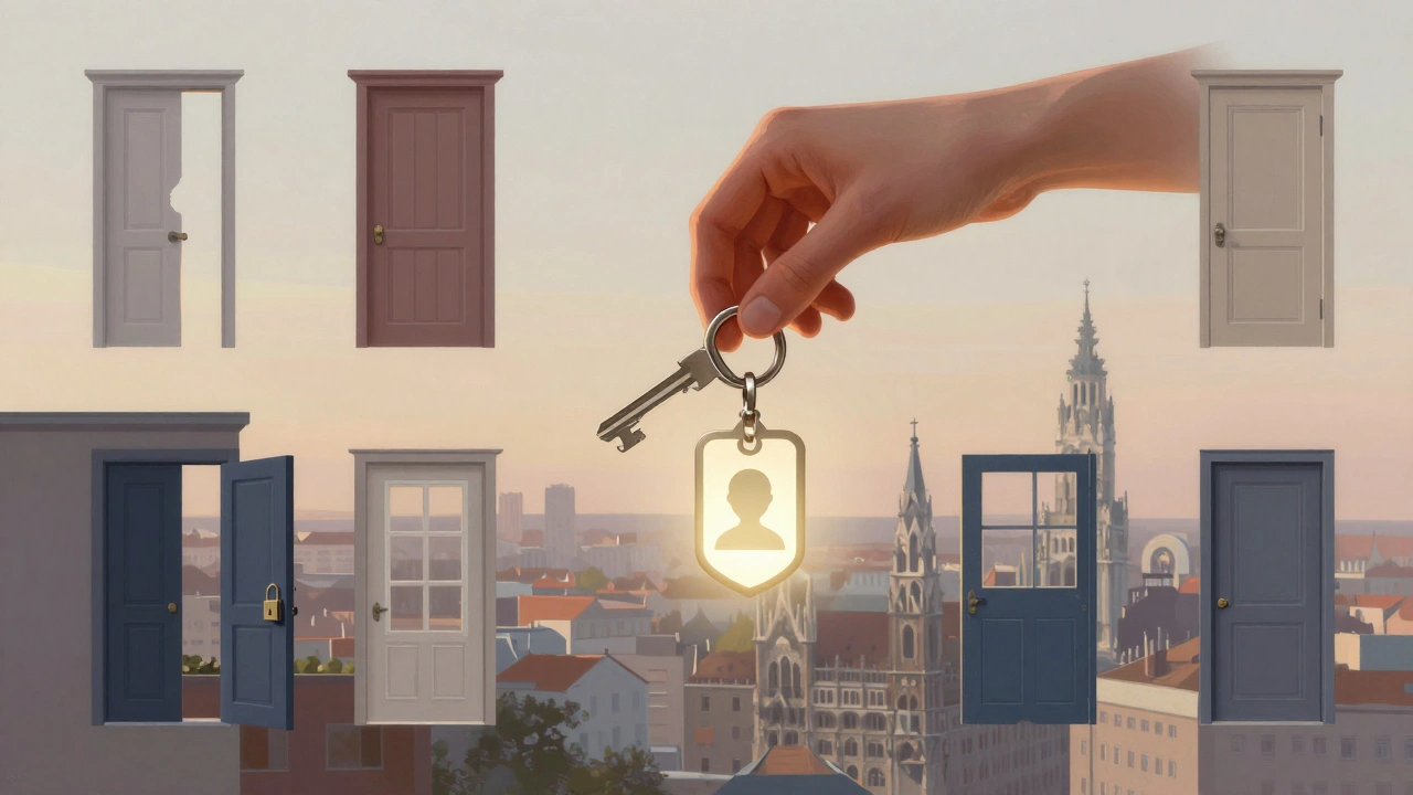 A glowing human-shaped badge opens locked doors representing housing, healthcare, and rights in Munich.