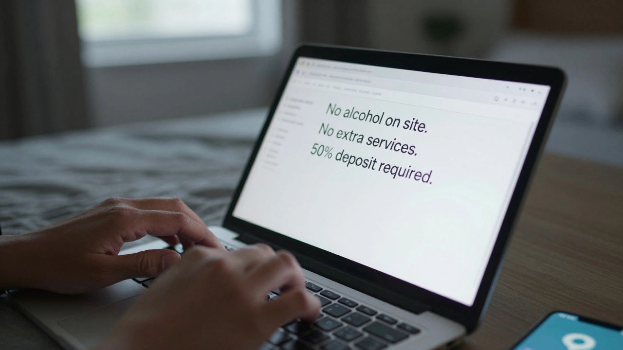 A hand types boundary rules on a laptop screen beside a safety app on a phone in a quiet room.