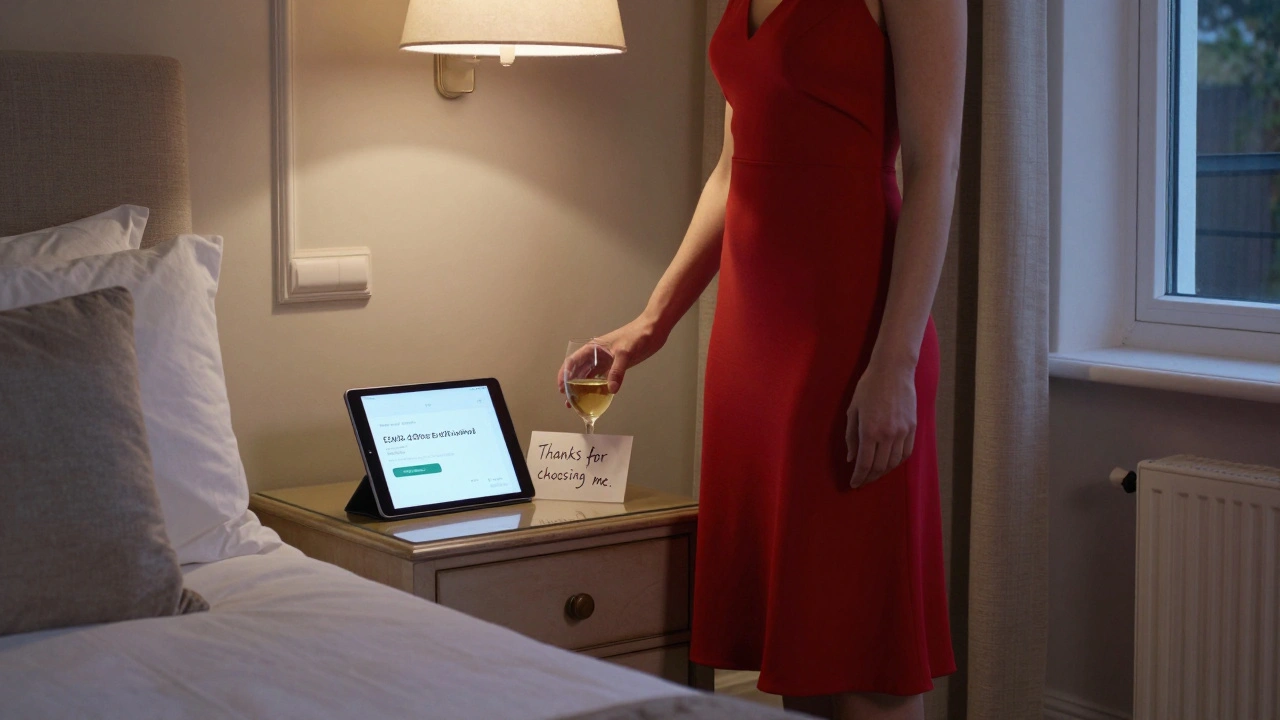 A serene bedroom with a red dress and a confirmed £500 booking, conveying professionalism and quiet luxury.