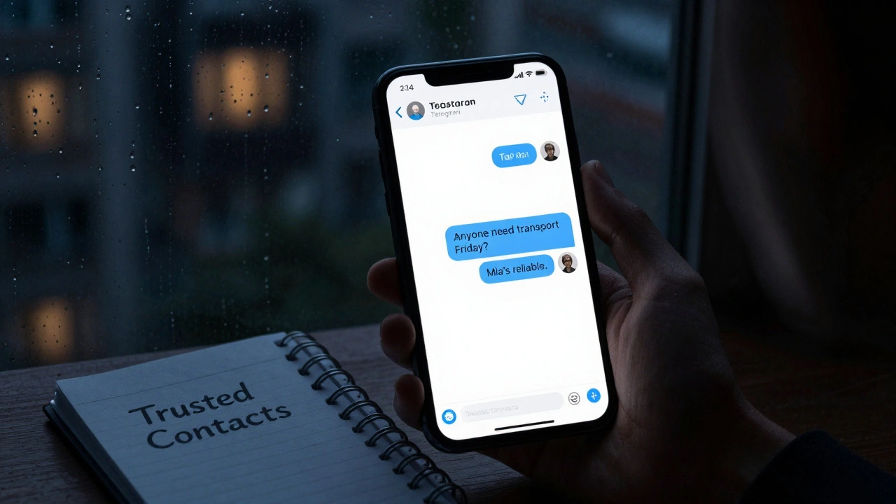 A smartphone showing an encrypted message about transport, with rain on the window and a notebook nearby.