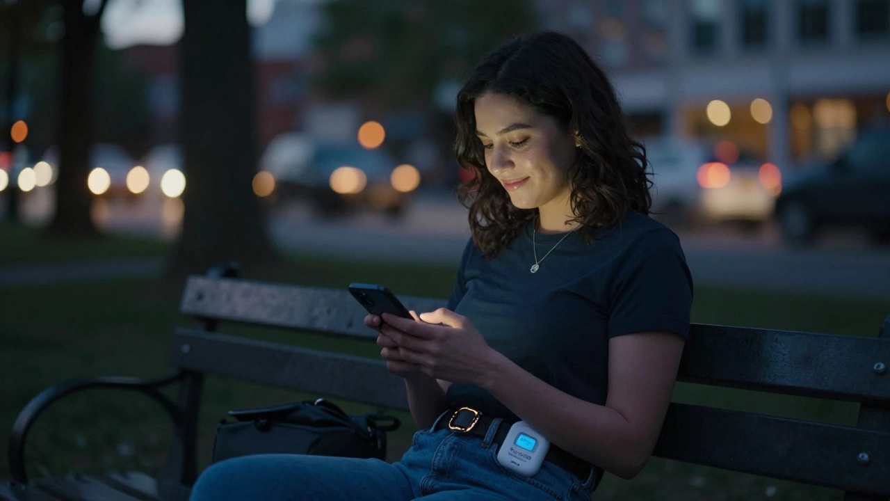 A woman confirming her location on a safety app while sitting on a park bench.