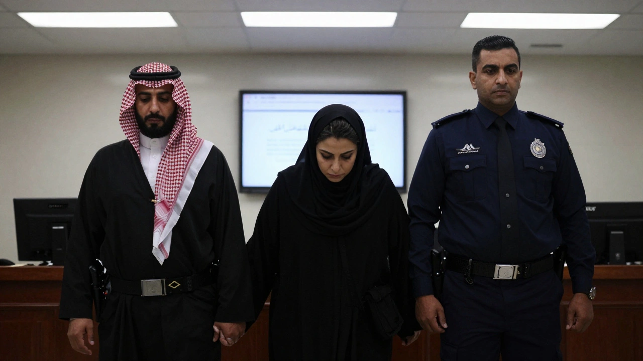 A woman in abaya is led from a Saudi courtroom, legal documents and a blocked website visible in the background.