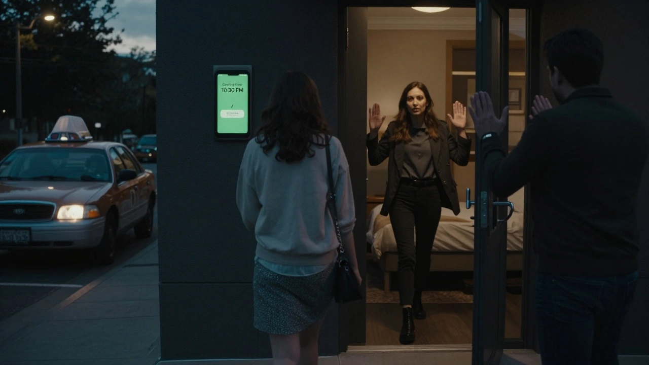 A woman walks away from a hotel room as a taxi waits outside, phone showing a safety check-in notification.