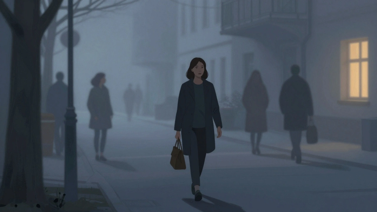 A woman walks home at dusk in Munich, surrounded by judgmental glances, with a clinic&#039;s warm light offering hope.