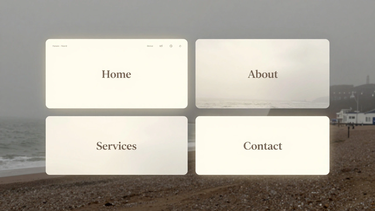 Abstract representation of a website’s four key pages floating in a calm coastal landscape.