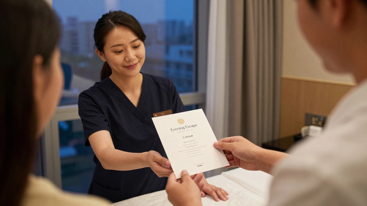 An escort offering a clearly written service package with calm, respectful gesture.