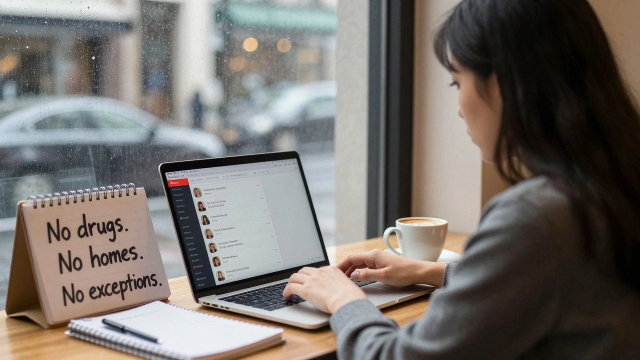 An escort reviews client messages on a laptop in a café, with handwritten boundaries beside her.